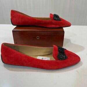 Talbots Francesca Red Suede Driving Shoes with Black beaded bow size 9M